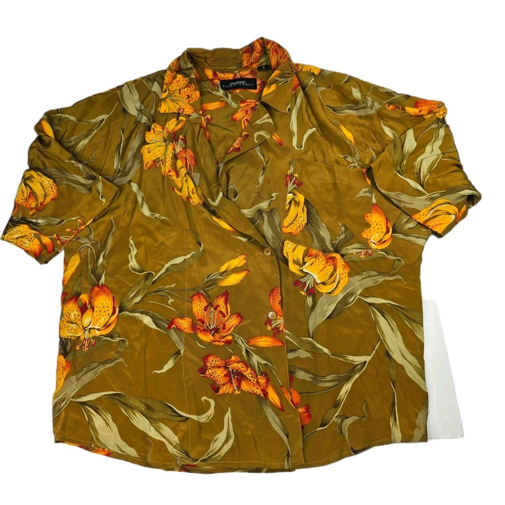 Ellen Tracy Silk Floral Button-Up Shirt -‎ Elegant Career Top Women's Size 10